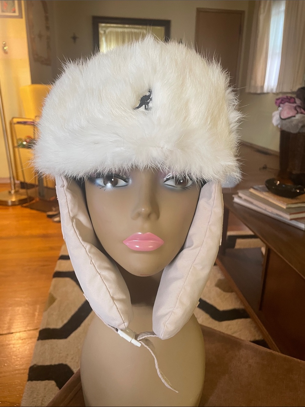 Kangol White Partial Faux Fur Trapper Hat with Earflaps and Chin Closure